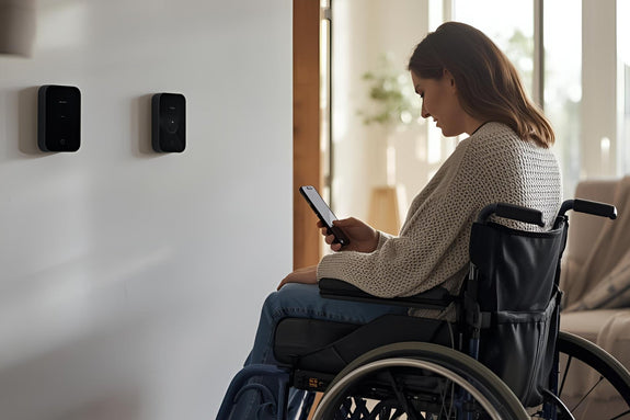 Person in a wheelchair using a smartphone to control smart home devices on the wall, symbolizing independence through technology.