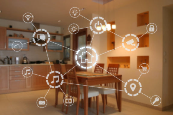 Smart home interface concept over a modern kitchen and dining area, with icons representing connected features like lighting, music, security, and climate control.